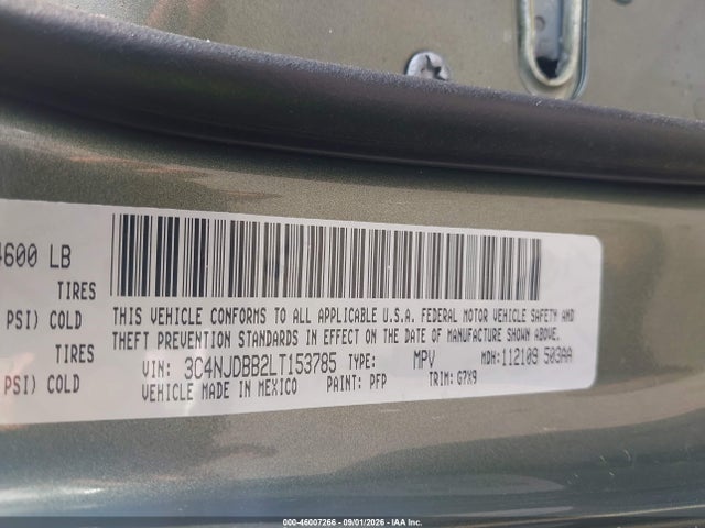 46007266 :رقم المزاد ، 3C4NJDBB2LT153785 vin ، 2020 Jeep Compass Latitude 4x4 مزاد بيع