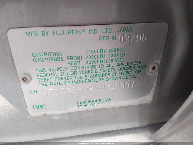 46007282 :رقم المزاد ، JF1SG63636H758034 vin ، 2006 Subaru Forester 2.5x مزاد بيع