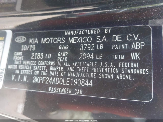 Продаж на аукціоні авто 2020 Kia Forte Fe/lxs, vin: 3KPF24AD0LE190844, номер лоту: 46007290