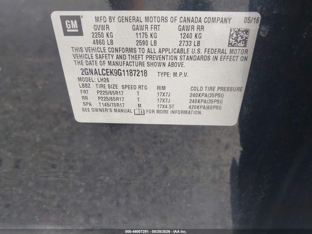 46007291 :رقم المزاد ، 2GNALCEK9G1187218 vin ، 2016 Chevrolet Equinox Lt مزاد بيع