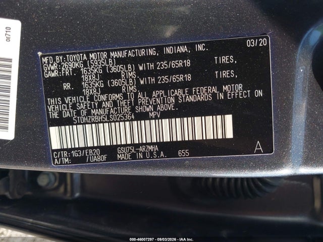 Aukcja sprzedaży 2020 Toyota Highlander Xle, vin: 5TDHZRBH5LS025364, numer aukcji: 46007297