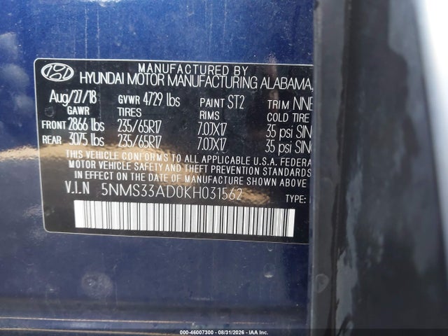 2019 Hyundai Santa Fe Sel მანქანა იყიდება აუქციონზე, vin: 5NMS33AD0KH031562, აუქციონის ნომერი: 46007300