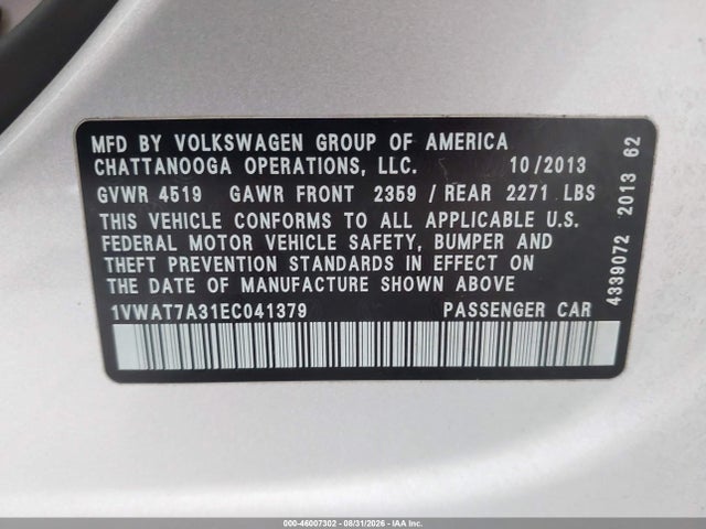 Продажа на аукционе авто 2014 Volkswagen Passat 1.8t Wolfsburg Edition, vin: 1VWAT7A31EC041379, номер лота: 46007302