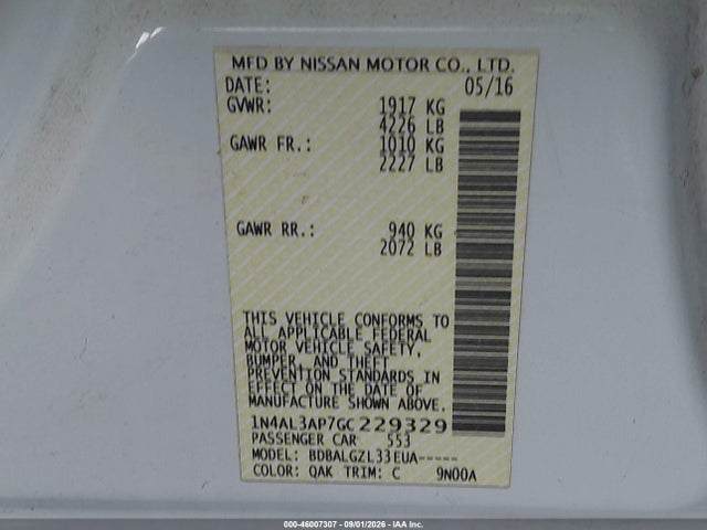 Продажа на аукционе авто 2016 Nissan Altima 2.5/2.5 S/2.5 Sl/2.5 Sr/2.5 Sv, vin: 1N4AL3AP7GC229329, номер лота: 46007307
