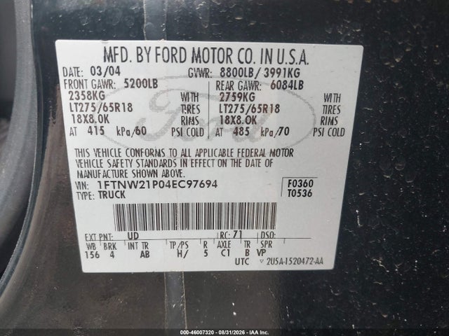 Продаж на аукціоні авто 2004 Ford F-250 Lariat/xl/xlt, vin: 1FTNW21P04EC97694, номер лоту: 46007320