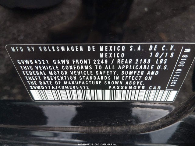 46007322 :رقم المزاد ، 3VWD17AJ4GM265412 vin ، 2016 Volkswagen Jetta 1.8t Sport مزاد بيع