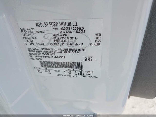 Aukcja sprzedaży 2005 Ford F-150 Stx/xl/xlt, vin: 1FTRF12W25NA81929, numer aukcji: 46007324