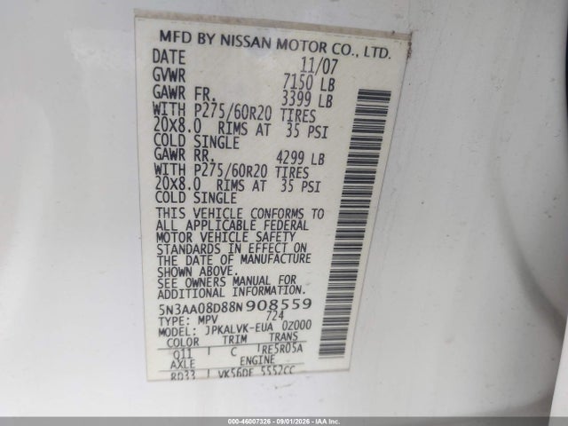 46007326 :رقم المزاد ، 5N3AA08D88N908559 vin ، 2008 Infiniti Qx56 مزاد بيع