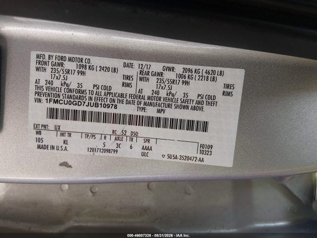 46007328 :رقم المزاد ، 1FMCU0GD7JUB10978 vin ، 2018 Ford Escape Se مزاد بيع