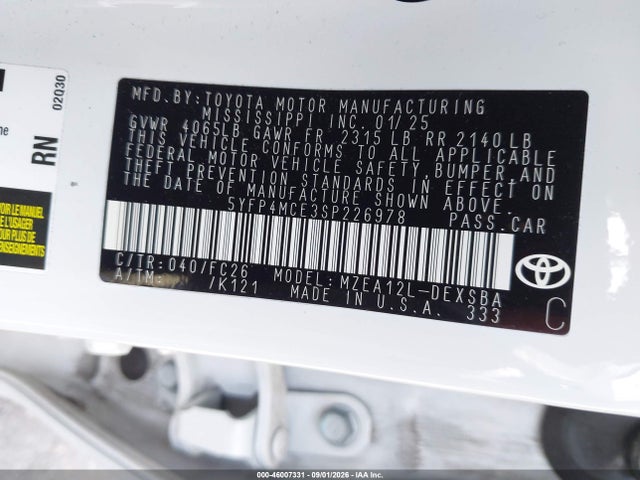 2025 Toyota Corolla Se მანქანა იყიდება აუქციონზე, vin: 5YFP4MCE3SP226978, აუქციონის ნომერი: 46007331