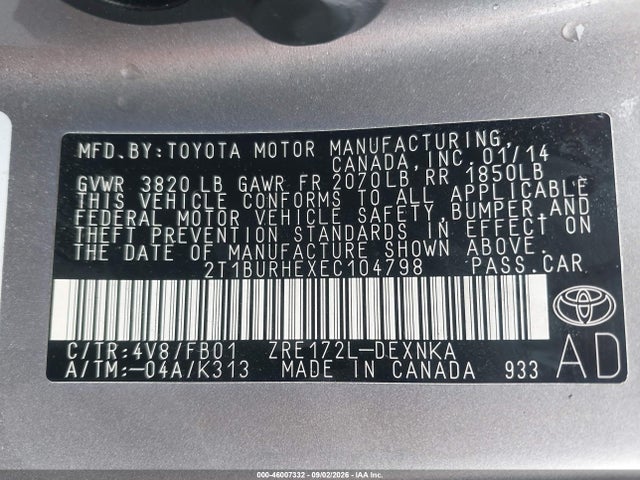 Продажа на аукционе авто 2014 Toyota Corolla Le Plus, vin: 2T1BURHEXEC104798, номер лота: 46007332