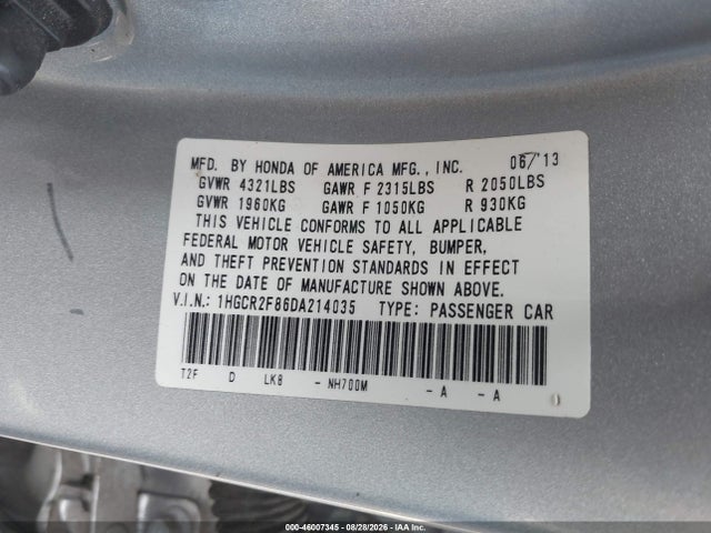 Aukcja sprzedaży 2013 Honda Accord Ex-l, vin: 1HGCR2F86DA214035, numer aukcji: 46007345