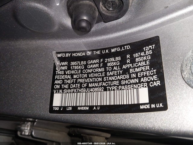 Aukcja sprzedaży 2018 Honda Civic Ex, vin: SHHFK7H59JU408592, numer aukcji: 46007349