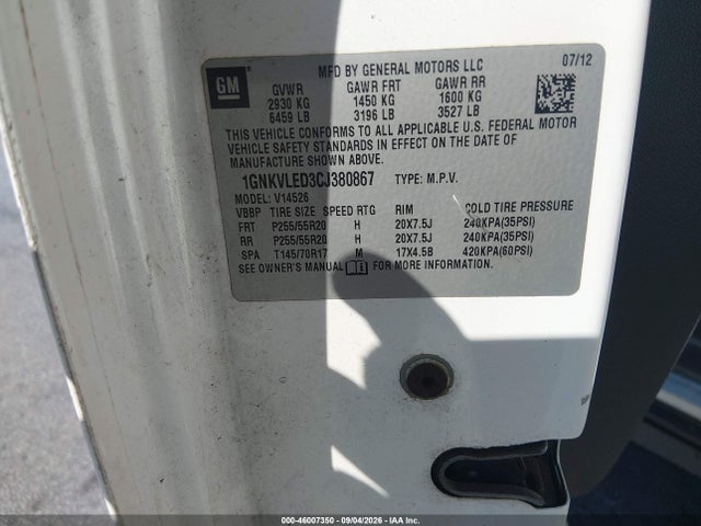Продаж на аукціоні авто 2012 Chevrolet Traverse Ltz, vin: 1GNKVLED3CJ380867, номер лоту: 46007350