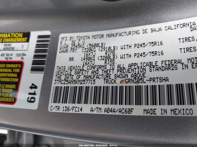 3TMCZ5AN5KM257715 Toyota Tacoma Sr5 V6