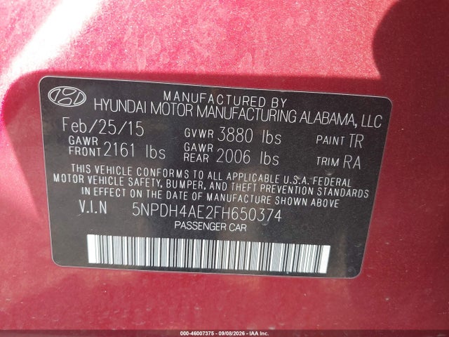 Aukcja sprzedaży 2015 Hyundai Elantra Se, vin: 5NPDH4AE2FH650374, numer aukcji: 46007375