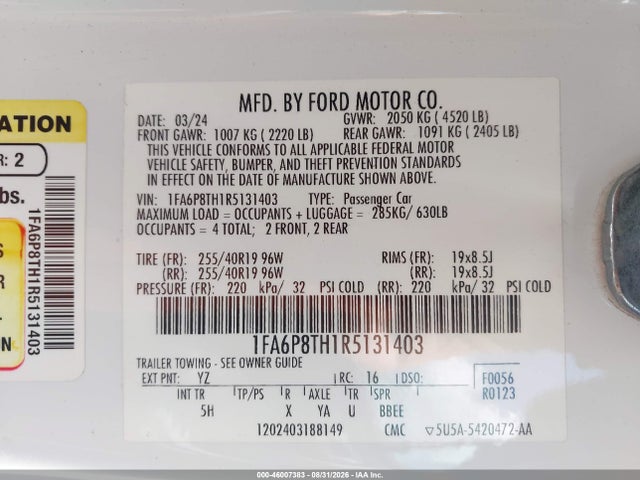 2024 Ford Mustang Ecoboost Premium Fastback მანქანა იყიდება აუქციონზე, vin: 1FA6P8TH1R5131403, აუქციონის ნომერი: 46007383