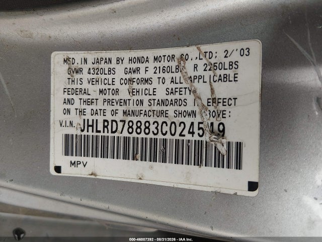 Продаж на аукціоні авто 2003 Honda Cr-v Ex, vin: JHLRD78883C024549, номер лоту: 46007392