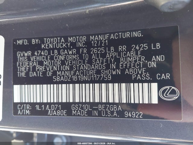 2022 Lexus Es 350 მანქანა იყიდება აუქციონზე, vin: 58ADZ1B19NU117759, აუქციონის ნომერი: 46007394