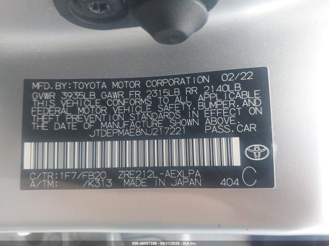 Aukcja sprzedaży 2022 Toyota Corolla Le, vin: JTDEPMAE8NJ217221, numer aukcji: 46007399