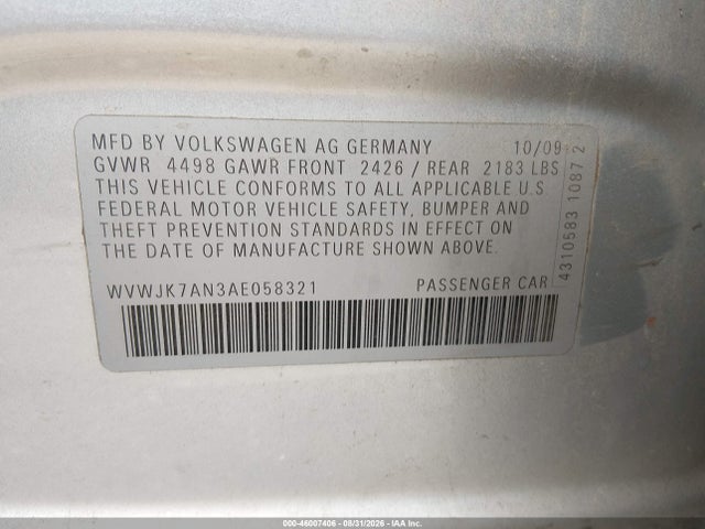 Продаж на аукціоні авто 2010 Volkswagen Passat Komfort, vin: WVWJK7AN3AE058321, номер лоту: 46007406