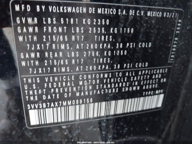 46007409 :رقم المزاد ، 3VV3B7AX7MM099156 vin ، 2021 Volkswagen Tiguan 2.0t Se/2.0t Se R-line Black/2.0t Sel مزاد بيع