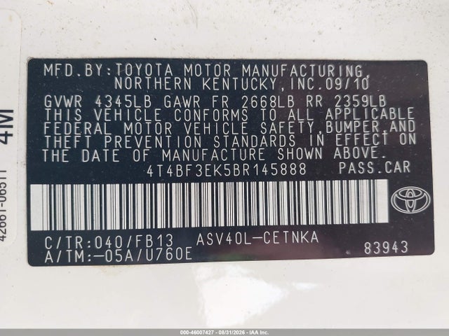 Продаж на аукціоні авто 2011 Toyota Camry Le, vin: 4T4BF3EK5BR145888, номер лоту: 46007427