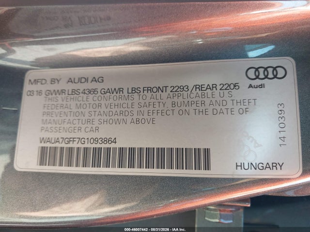 Aukcja sprzedaży 2016 Audi A3 1.8t Premium, vin: WAUA7GFF7G1093864, numer aukcji: 46007442