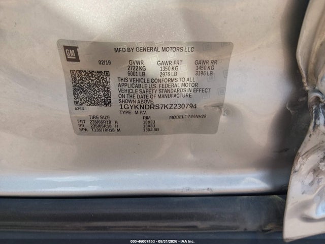 46007453 :رقم المزاد ، 1GYKNDRS7KZ230794 vin ، 2019 Cadillac Xt5 Luxury مزاد بيع