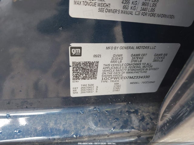 46007456 :رقم المزاد ، 1GCPWCED7MZ334330 vin ، 2021 Chevrolet Silverado 1500 2wd  Short Bed Lt مزاد بيع