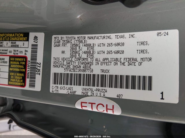 Продаж на аукціоні авто 2024 Toyota Tundra Hybrid Platinum 4wd, vin: 5TFWC5EC1RX007710, номер лоту: 46007473
