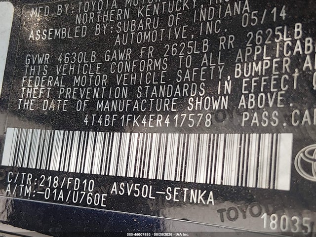 46007493 :رقم المزاد ، 4T4BF1FK4ER417578 vin ، 2014 Toyota Camry Le مزاد بيع