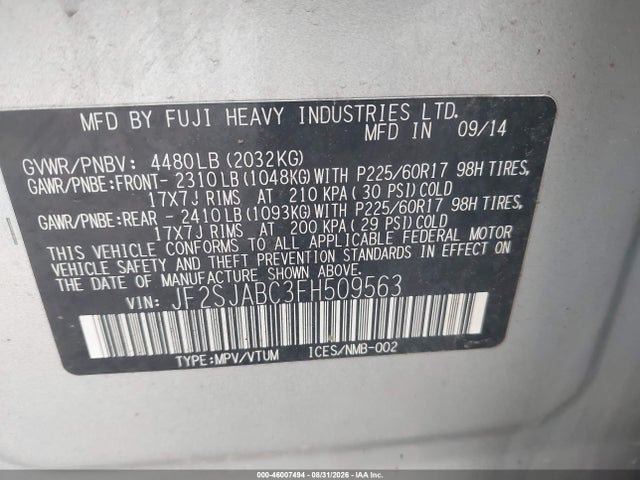 Aukcja sprzedaży 2015 Subaru Forester 2.5i, vin: JF2SJABC3FH509563, numer aukcji: 46007494