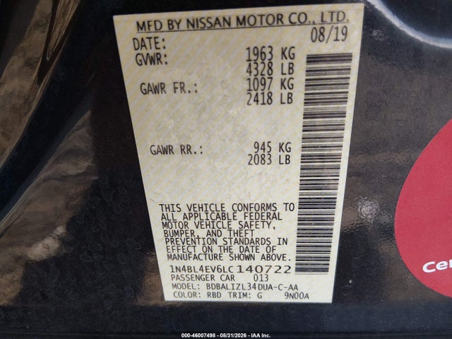 Продажа на аукционе авто 2020 Nissan Altima Sl Fwd, vin: 1N4BL4EV6LC140722, номер лота: 46007498