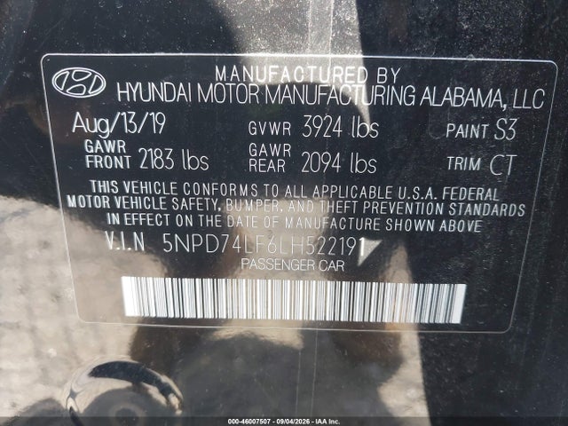 Продажа на аукционе авто 2020 Hyundai Elantra Se, vin: 5NPD74LF6LH522191, номер лота: 46007507