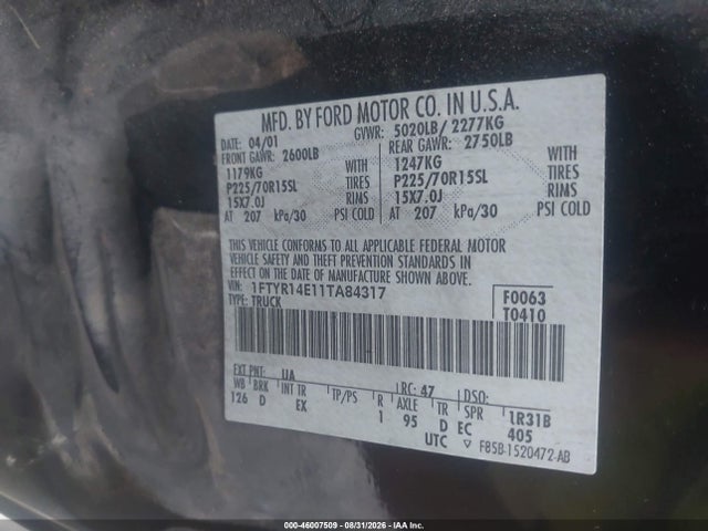 46007509 :رقم المزاد ، 1FTYR14E11TA84317 vin ، 2001 Ford Ranger Edge/xlt مزاد بيع