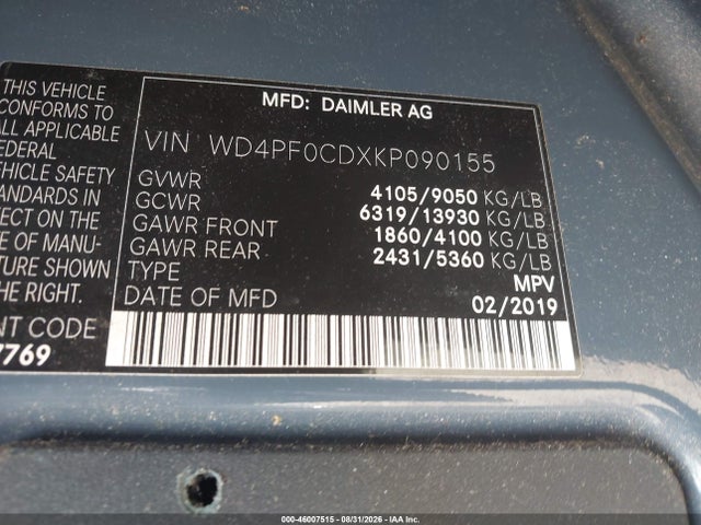 Aukcja sprzedaży 2019 Mercedes-benz Sprinter 2500 High Roof V6, vin: WD4PF0CDXKP090155, numer aukcji: 46007515