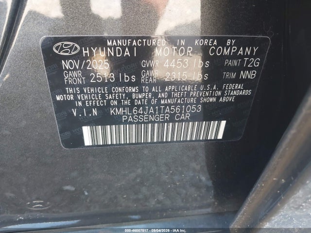 Aukcja sprzedaży 2026 Hyundai Sonata Sel Sport, vin: KMHL64JA1TA561053, numer aukcji: 46007517