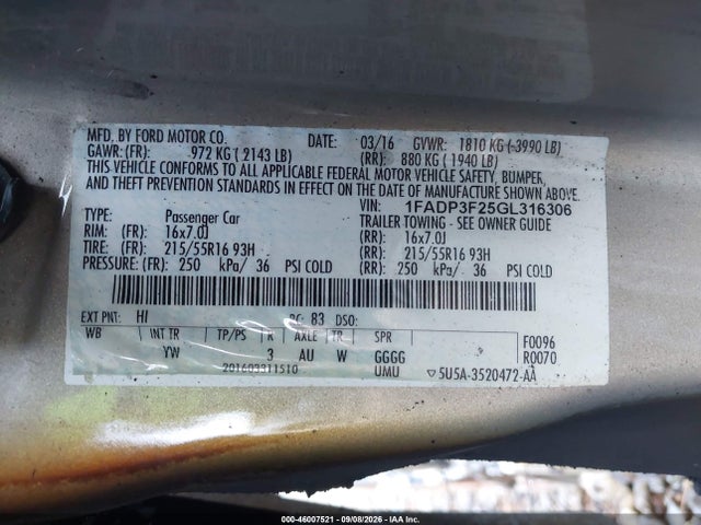Продажа на аукционе авто 2016 Ford Focus Se, vin: 1FADP3F25GL316306, номер лота: 46007521
