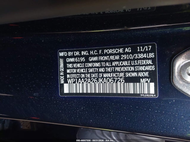 Aukcja sprzedaży 2018 Porsche Cayenne, vin: WP1AA2A26JKA06726, numer aukcji: 46007556