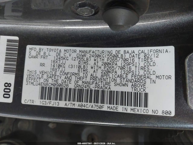 46007561 :رقم المزاد ، 3TMLU4EN8CM090626 vin ، 2012 Toyota Tacoma Base V6 مزاد بيع