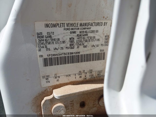 2012 Ford F-350 Chassis Xl მანქანა იყიდება აუქციონზე, vin: 1FD8W3HT5CEB61206, აუქციონის ნომერი: 46007576