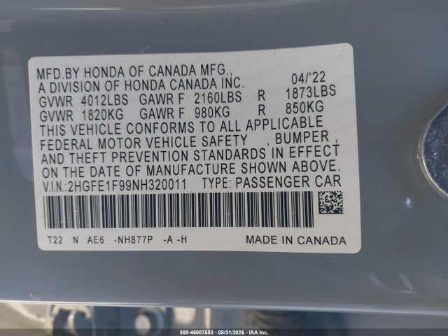 Honda Civic Touring 2022 2HGFE1F99NH320011 Image 9