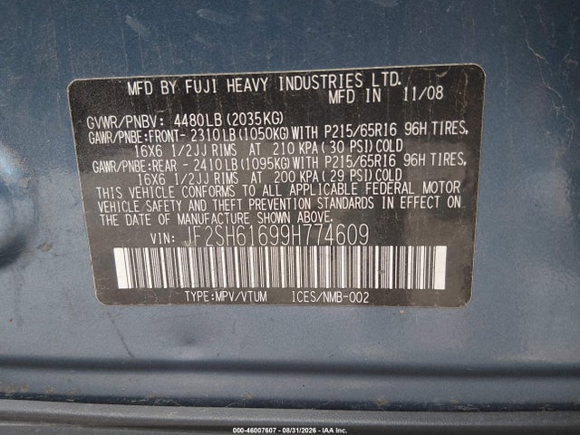 Aukcja sprzedaży 2009 Subaru Forester 2.5x, vin: JF2SH61699H774609, numer aukcji: 46007607