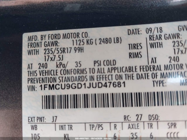 Aukcja sprzedaży 2018 Ford Escape Se, vin: 1FMCU9GD1JUD47681, numer aukcji: 46007681
