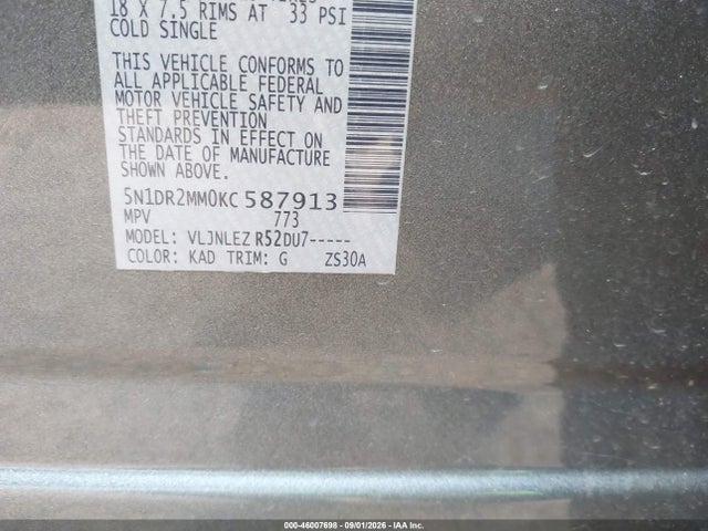 2019 Nissan Pathfinder Sv მანქანა იყიდება აუქციონზე, vin: 5N1DR2MM0KC587913, აუქციონის ნომერი: 46007698