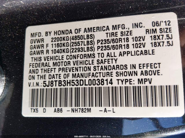 2013 Acura Rdx მანქანა იყიდება აუქციონზე, vin: 5J8TB3H53DL003814, აუქციონის ნომერი: 46007711