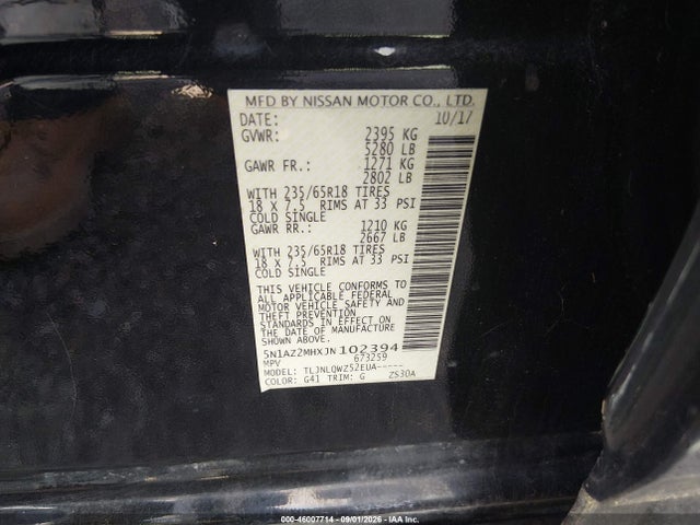 2018 Nissan Murano Sv მანქანა იყიდება აუქციონზე, vin: 5N1AZ2MHXJN102394, აუქციონის ნომერი: 46007714