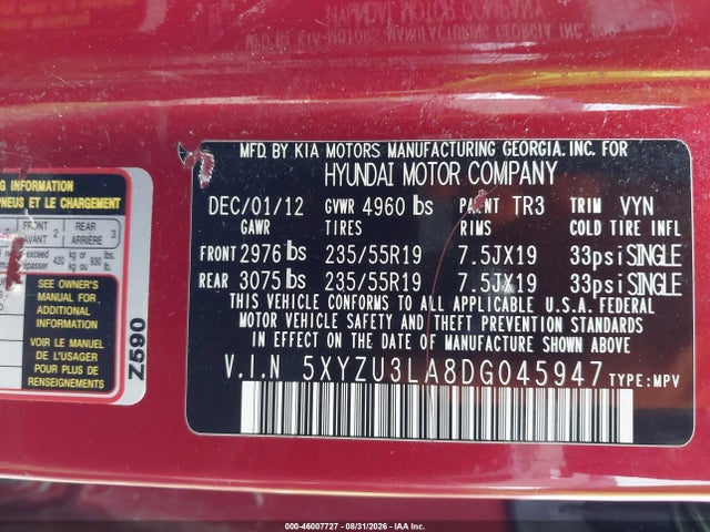 46007727 :رقم المزاد ، 5XYZU3LA8DG045947 vin ، 2013 Hyundai Santa Fe Sport 2.0t مزاد بيع