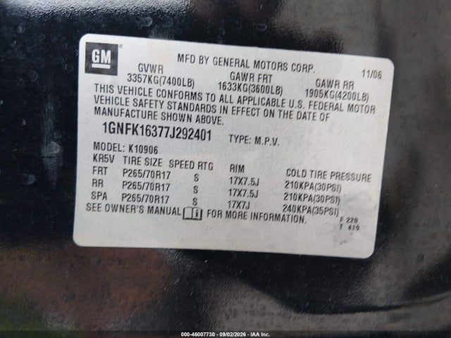 Продажа на аукционе авто 2007 Chevrolet Suburban Ls, vin: 1GNFK16377J292401, номер лота: 46007730